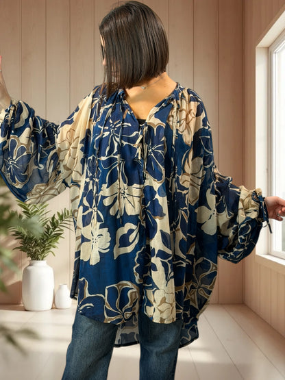 VICTORINE  - TUNIQUE OVERSIZE EN COTON MOTIF MARINE JUSQU'A LA TAILLE 60