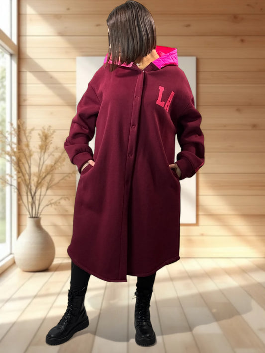 LOS ANGELES - MANTEAU OVERSIZE BORDEAUX A CAPUCHE JUSQU'A LA TAILLE 52