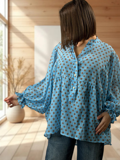 EDITH  - BLOUSE BLEUE A POIS JUSQU'A LA TAILLE 50/52