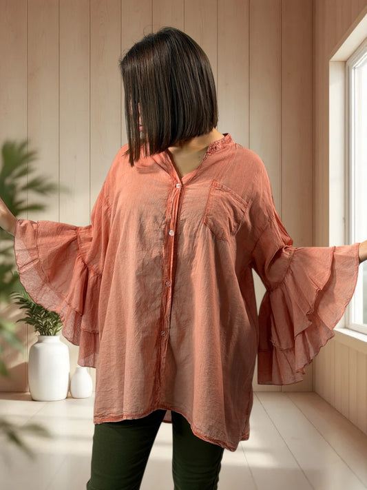 SOLELUNA - BLOUSE TERRACOTTA EN COTON OVERSIZE JUSQU'A LA TAILLE 52