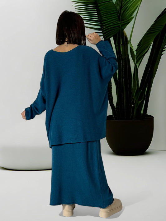 FAUSTINE - ENSEMBLE EN MAILLE BLEU CANARD JUSQU'A LA TAILLE 52/54