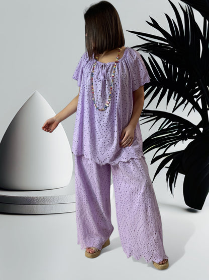 GIOVANI - PANTALON LILAS EN BRODERIE ANGLAISE JUSQU'A LA TAILLE 50/52