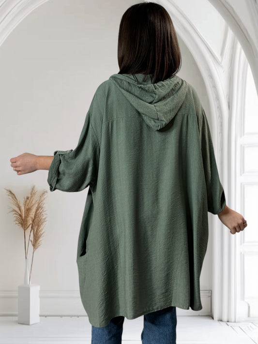 KARINE - VESTE CHEMISE KAKI OVERSIZE  A CAPUCHE JUSQU'A LA TAILLE 58