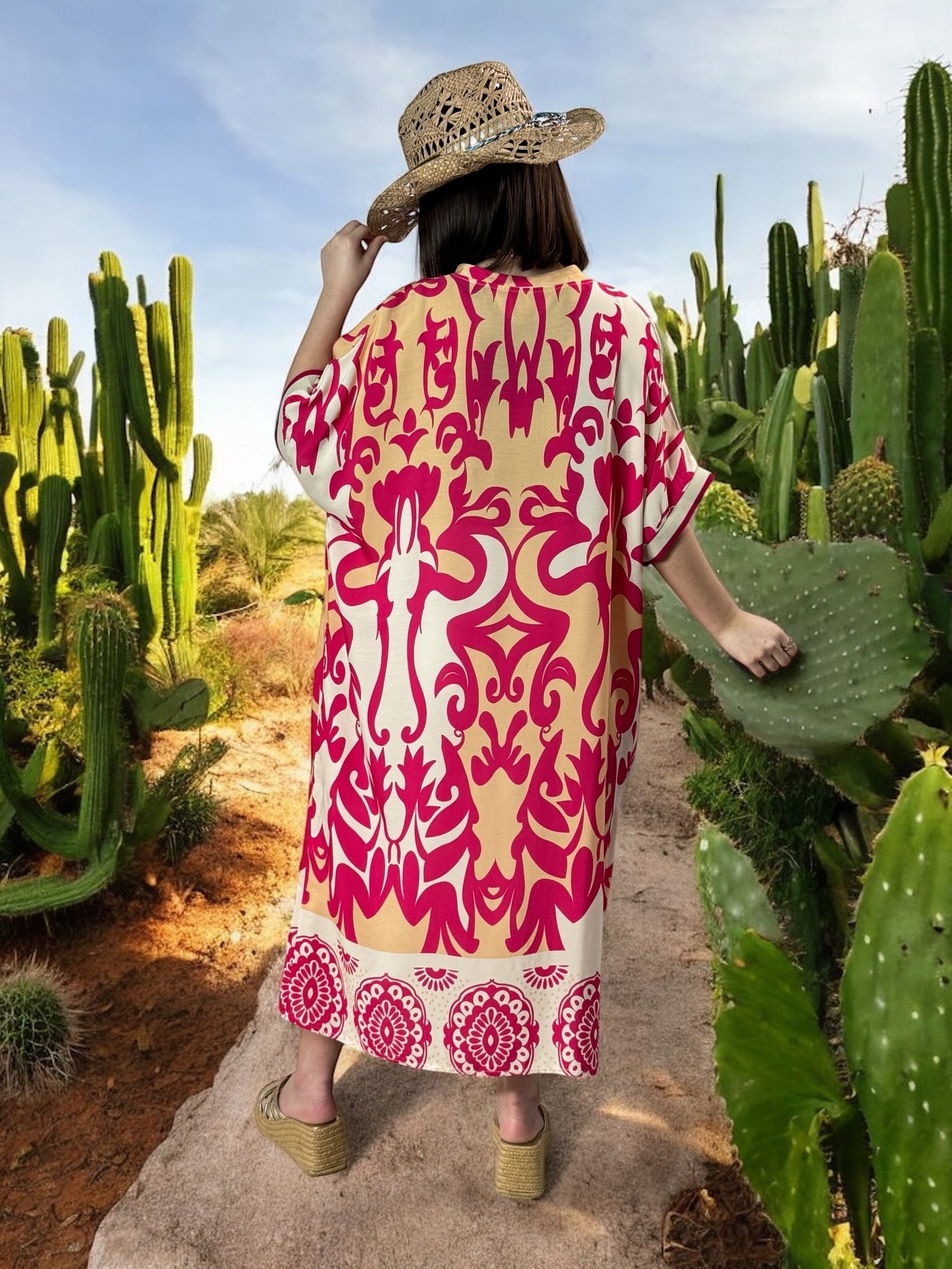 LALY - ROBE OVERSIZE MOTIF FUCHSIA JUSQU'A LA TAILLE 54