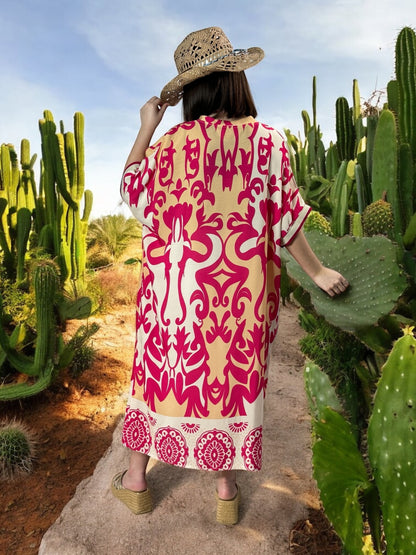 LALY - ROBE OVERSIZE MOTIF FUCHSIA JUSQU'A LA TAILLE 54