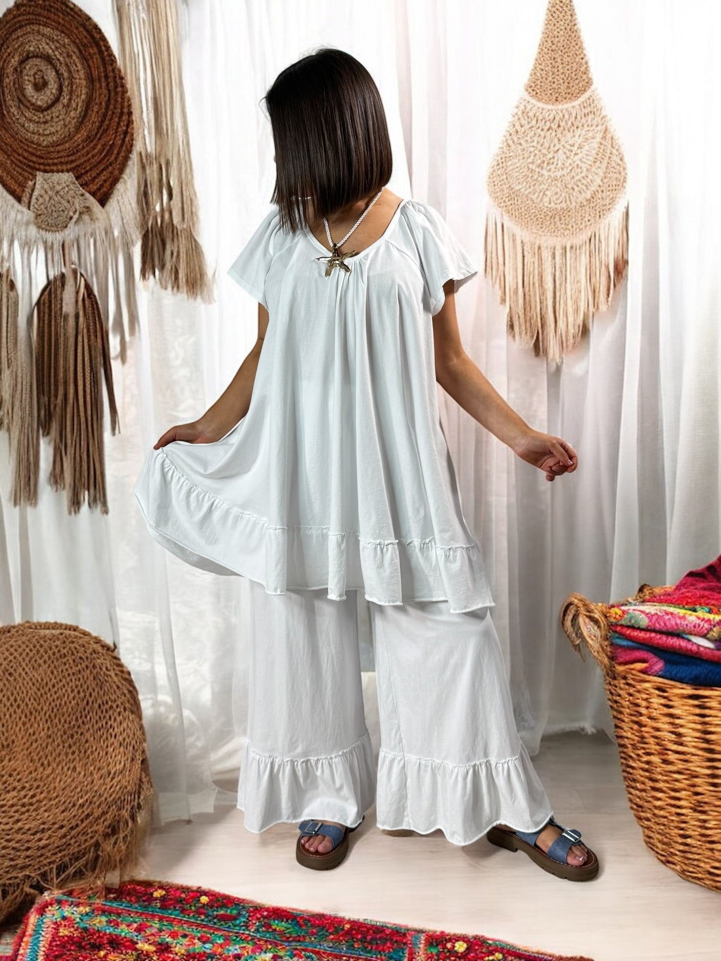 CANNES - ENSEMBLE TUNIQUE ET PANTALON  FLUIDE BLANC JUSQU'A LA TAILLE 52