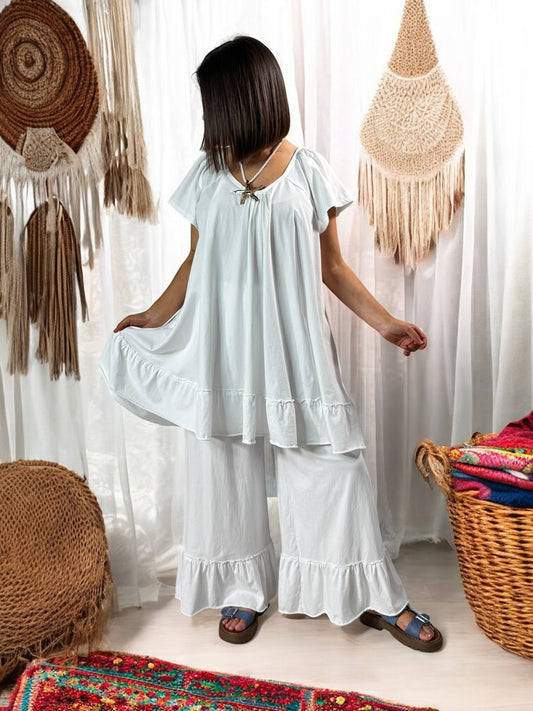 CANNES - ENSEMBLE TUNIQUE ET PANTALON  FLUIDE BLANC JUSQU'A LA TAILLE 52