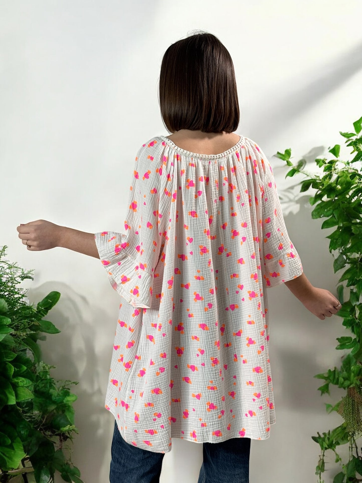 LUCIA - BLOUSE OVERSIZE COEUR FUCHSIA EN COTON JUSQU'A LA TAILLE 56