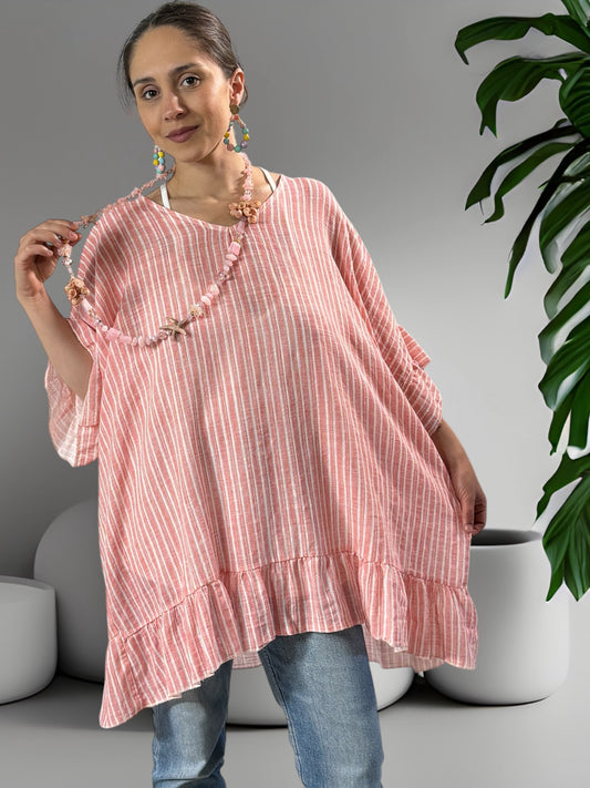 NELLY - TUNIQUE EN COTON A RAYURE CORAIL JUSQU'A LA TAILLE 52/54