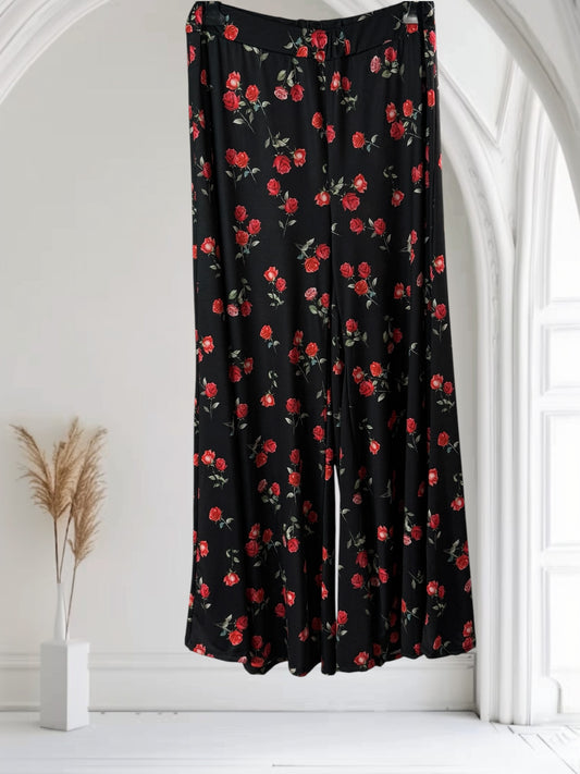 NOUGAT - PANTALON PALAZZO NOIR MOTIF FLEUR TAILLE 46 A 54