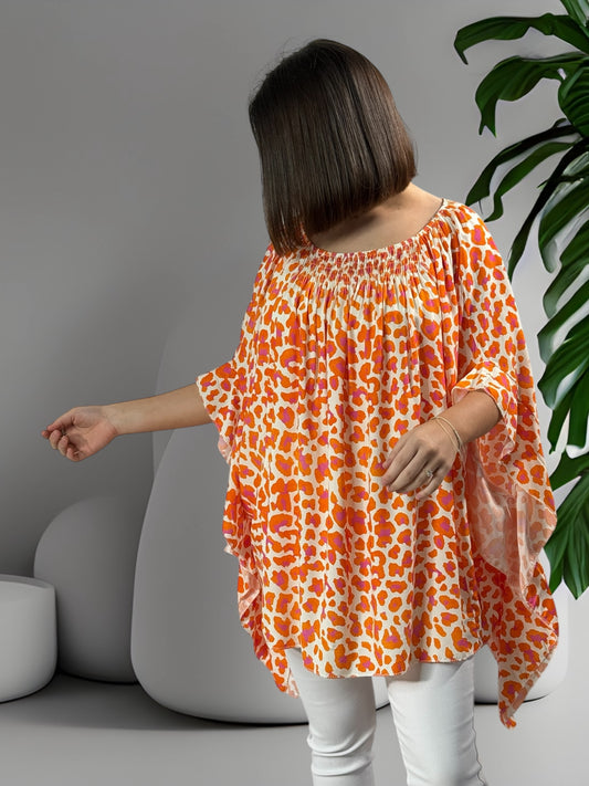 FAUVE - BLOUSE LEOPARD ORANGE OVERSIZE  JUSQU'A LA TAILLE 54
