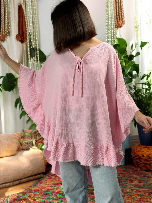 VICTOIRE - TUNIQUE OVERSIZE ROSE EN GAZE DE COTON JUSQU'A LA TAILLE 52/54