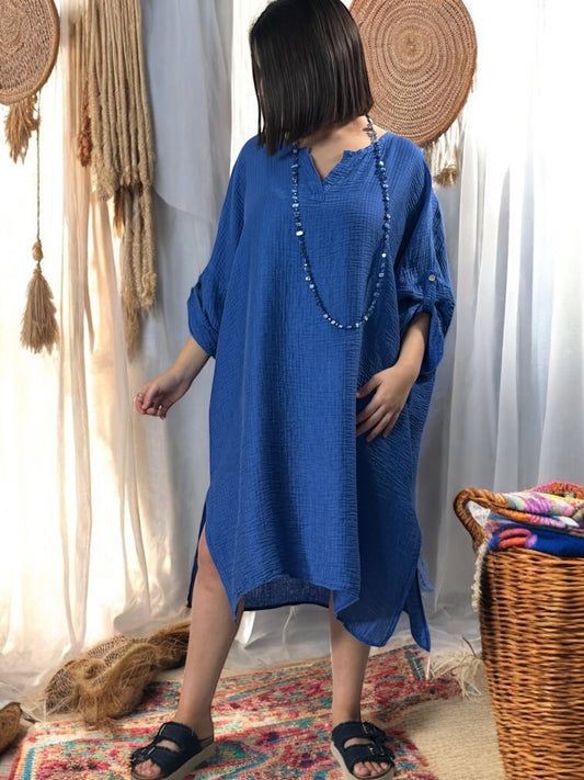 COLINE - ROBE TUNIQUE BLEUE OVERSIZE BRODEE DANS LE DOS JUSQU'A LA TAILLE 54/56