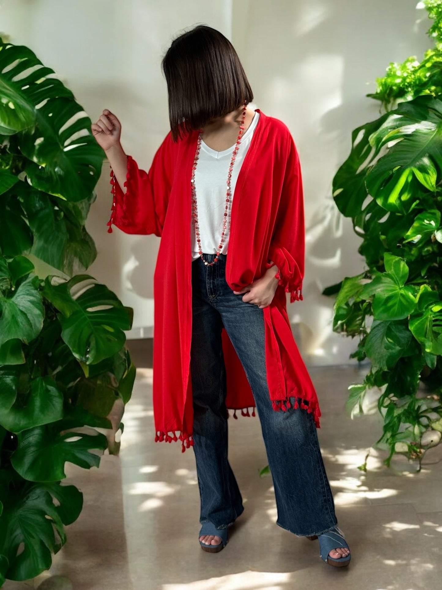 CHANTOU - KIMONO FLUIDE OVERSIZE ROUGE JUSQU'A LA TAILLE 58