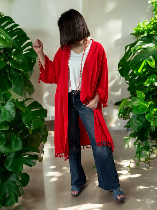 CHANTOU - KIMONO FLUIDE OVERSIZE ROUGE JUSQU'A LA TAILLE 58