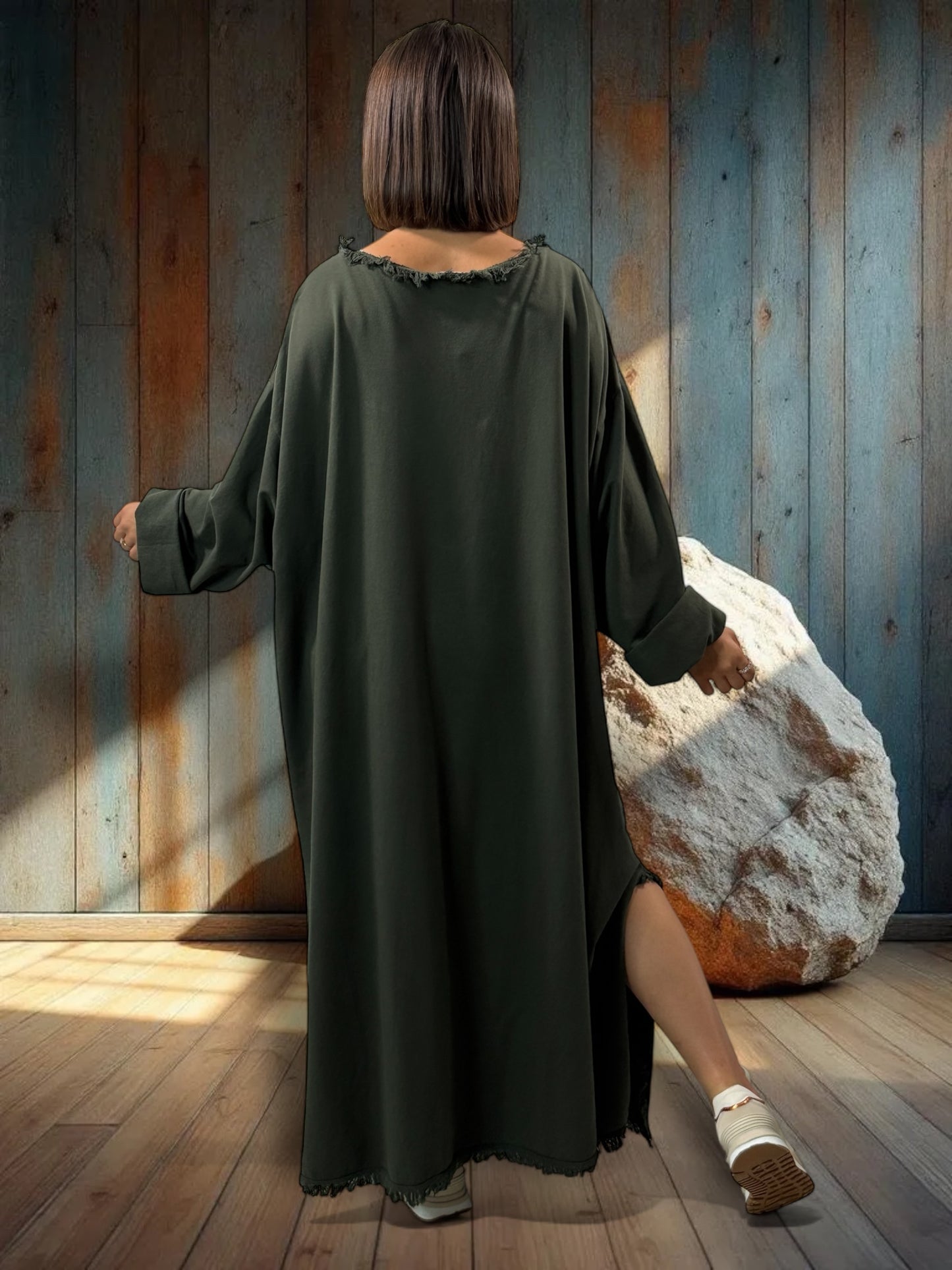 SALOME - ROBE OVERSIZE KAKI POCHE LEOPARD JUSQU'A LA TAILLE 58