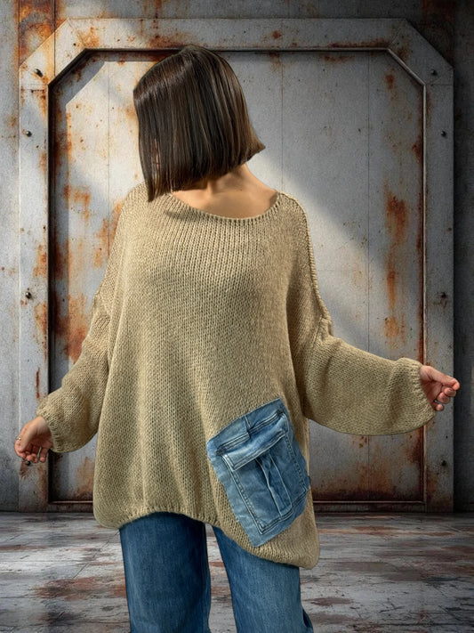 MICHOU - PULL OVERSIZE BEIGE POCHE EN JEAN JUSQU'A LA TAILLE 56