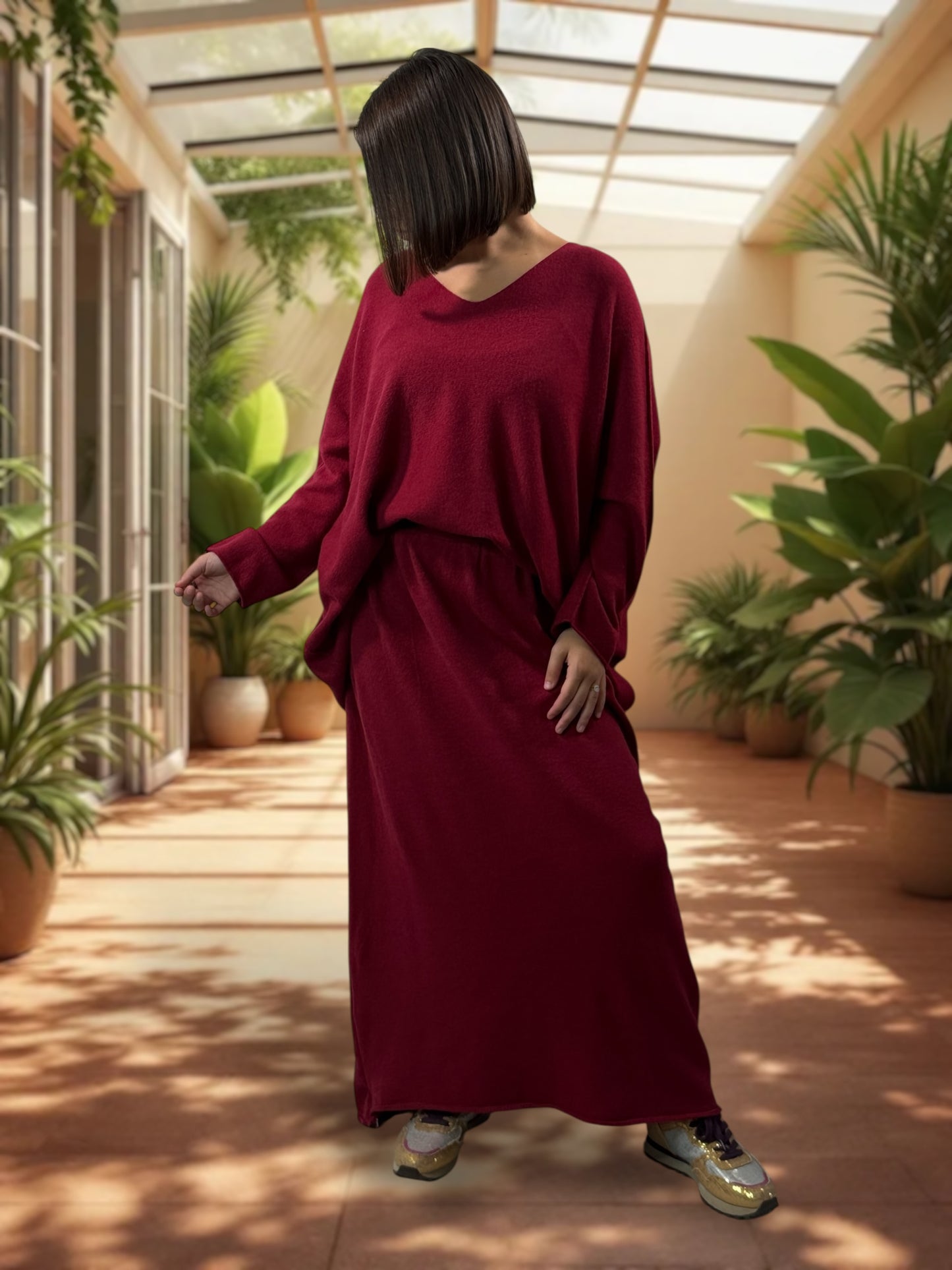 FAUSTINE - ENSEMBLE EN MAILLE BORDEAUX JUSQU'A LA TAILLE 52/54
