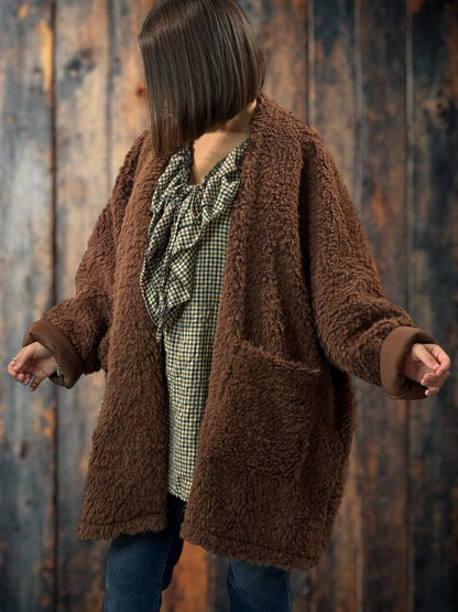 LILIROSE - VESTE OVERSIZE MARRON EN MOUMOUTE JUSQU'A LA TAILLE 56/58