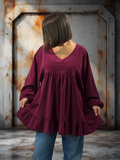 VICTORIA - TUNIQUE BORDEAUX EN VELOURS MILLERAIES OVERSIZE JUSQU'A LA TAILLE 52