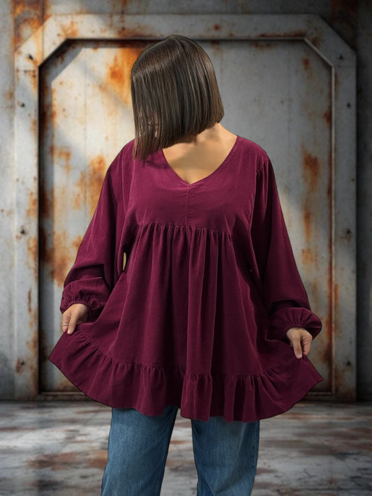 VICTORIA - TUNIQUE BORDEAUX EN VELOURS MILLERAIES OVERSIZE JUSQU'A LA TAILLE 52