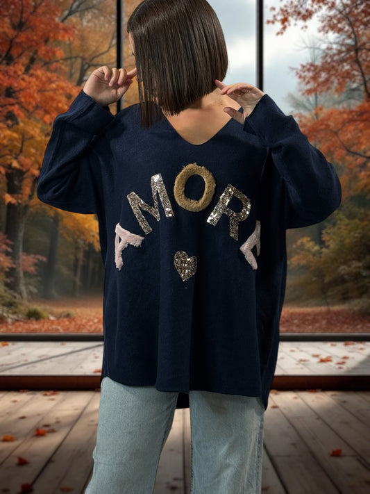 FANNY - PULL OVERSIZE MARINE JUSQU'A LA TAILLE 52