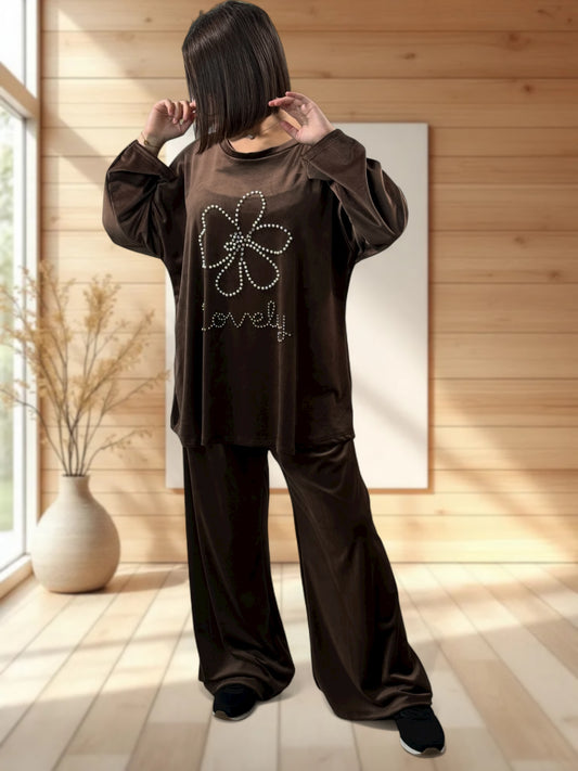 UMBERTO - ENSEMBLE MARRON EN VELOURS STRETCH JUSQU'A LA TAILLE 52/54