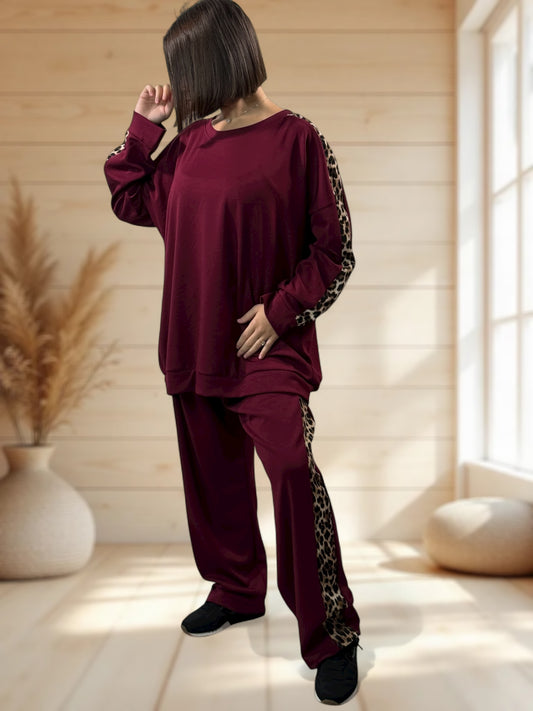 LEONARDO - ENSEMBLE BORDEAUX BANDE LEOPARD JUSQU'A LA TAILLE 52/54