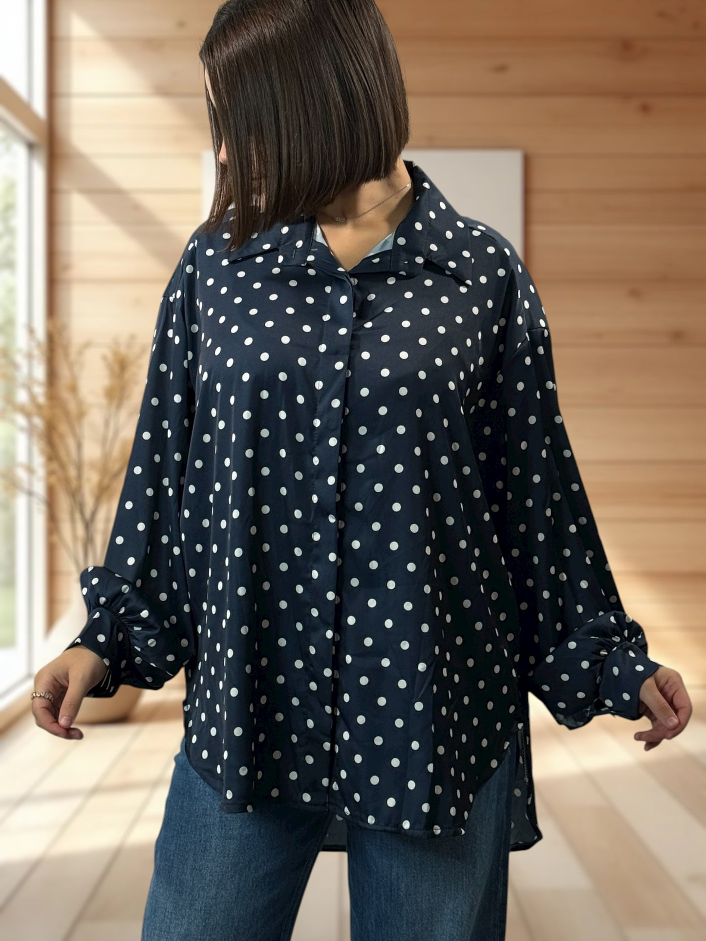 ROSAS - CHEMISE OVERSIZE MARINE A POIS JUSQU'A LA TAILLE 54