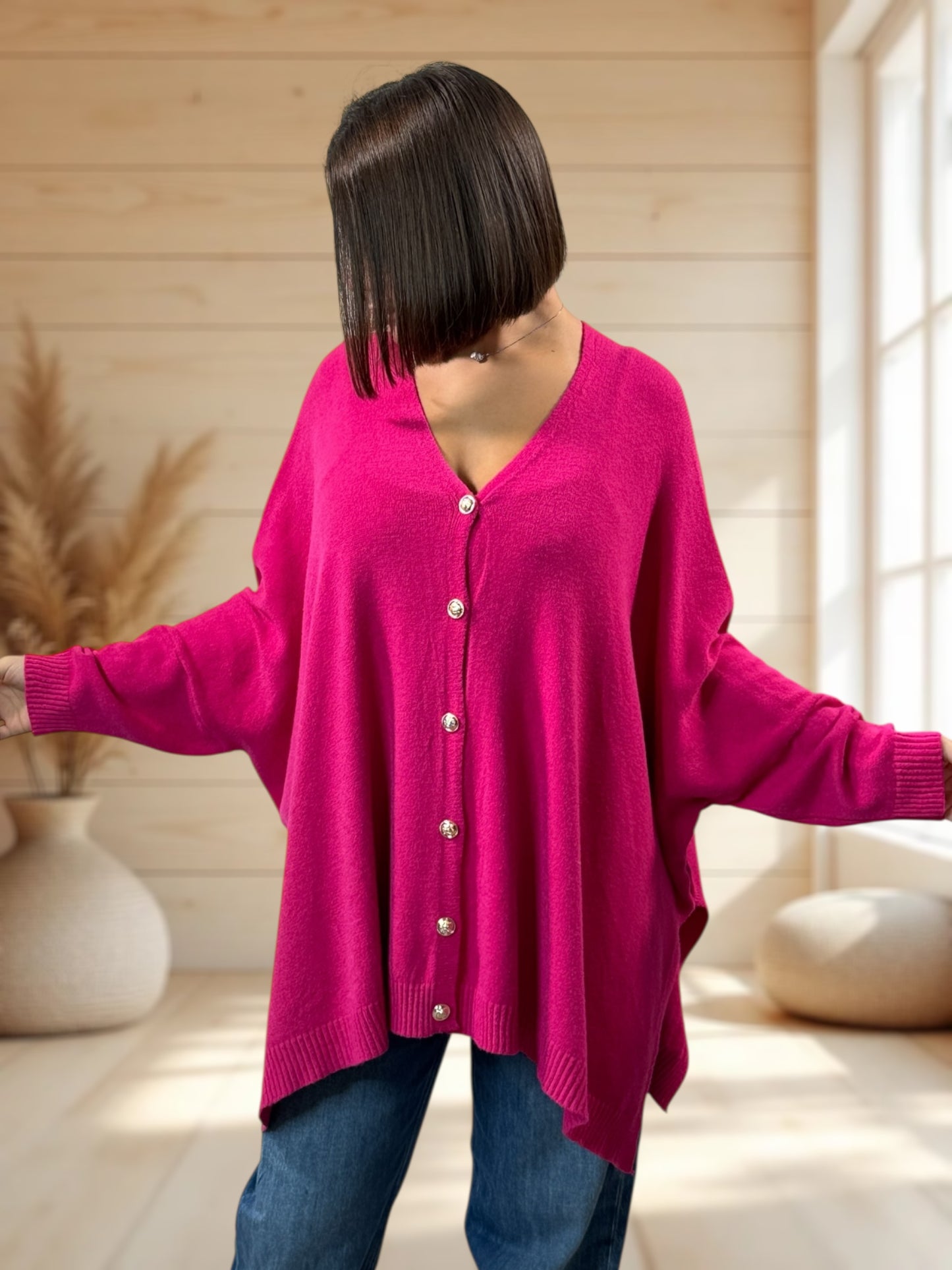MATHILDE - GILET OVERSIZE FUCHSIA JUSQU'A LA TAILLE 56/58