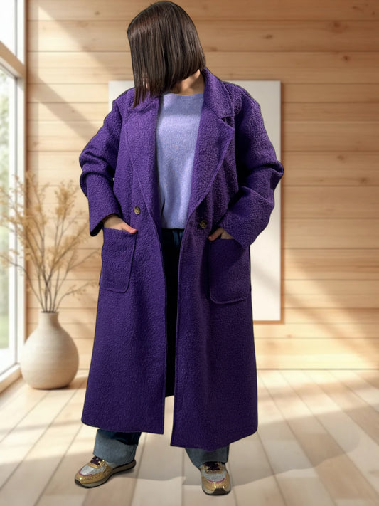 JULIEN - LONG MANTEAU VIOLET EN BOUCLETTE JUSQU'A LA TAILLE 50/52