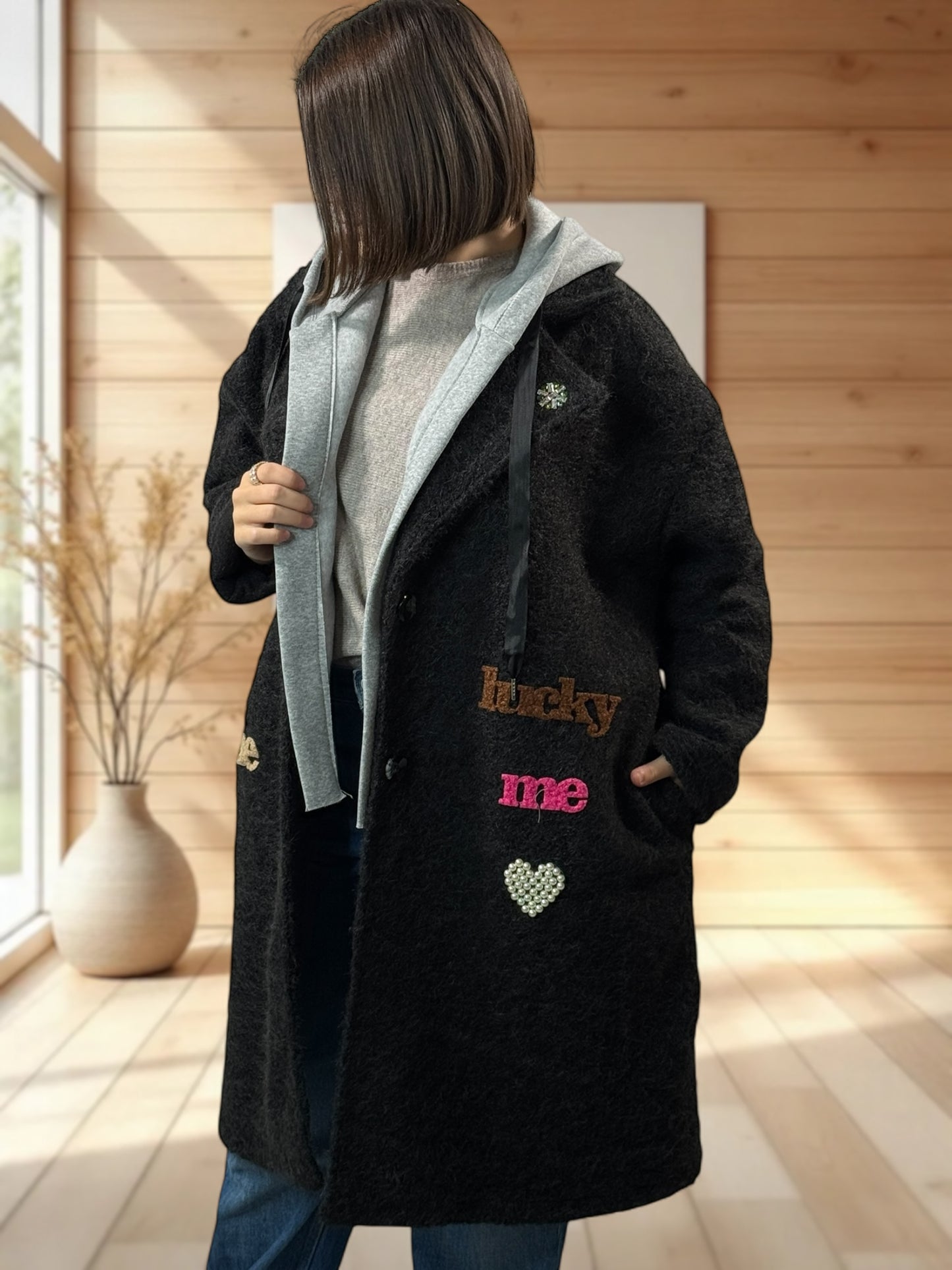 JULIUS - MANTEAU NOIR  A CAPUCHE JUSQU'A LA TAILLE 52