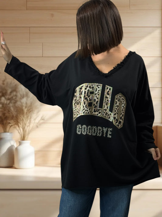 SANTIAGO - TOP NOIR EN COTON LOGO LEOPARD JUSQU'A LA TAILLE 56