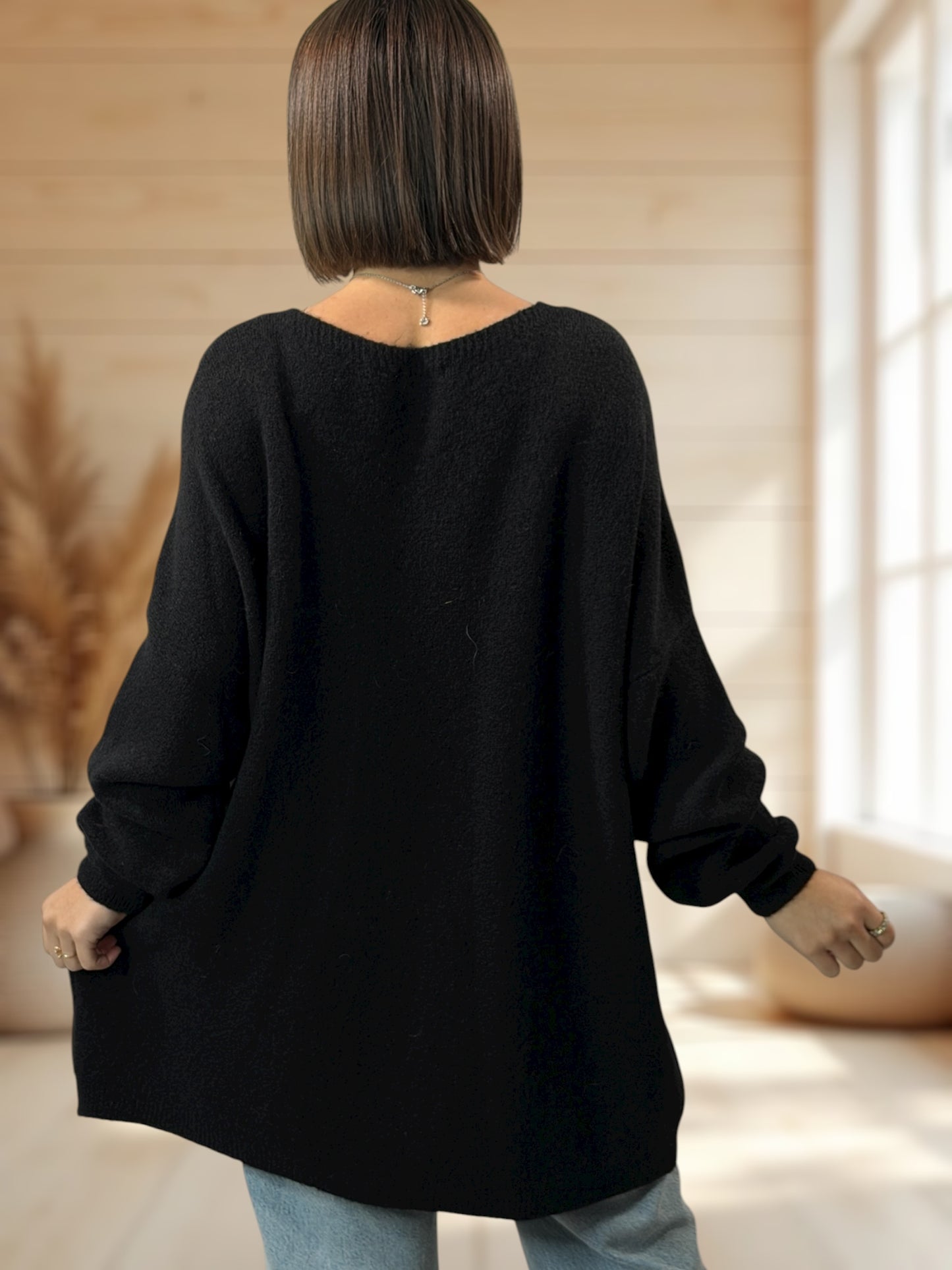 ANGELICA - PULL OVERSIZE NOIR AVEC ALPAGA JUSQU'A LA TAILLE 56