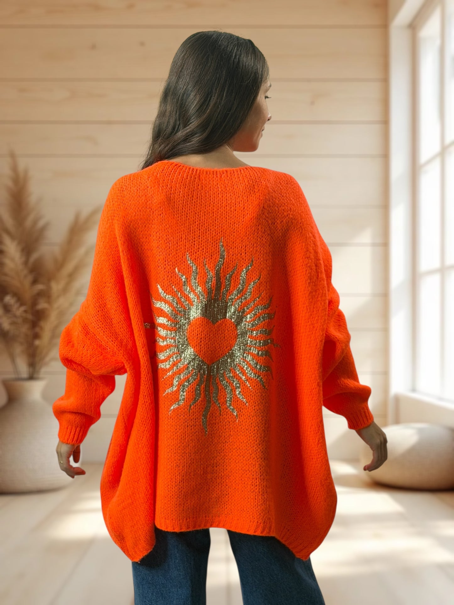 RICKOU - PULL OVERSIZE ORANGE MOTIF SOLEIL JUSQU'A LA TAILLE 56