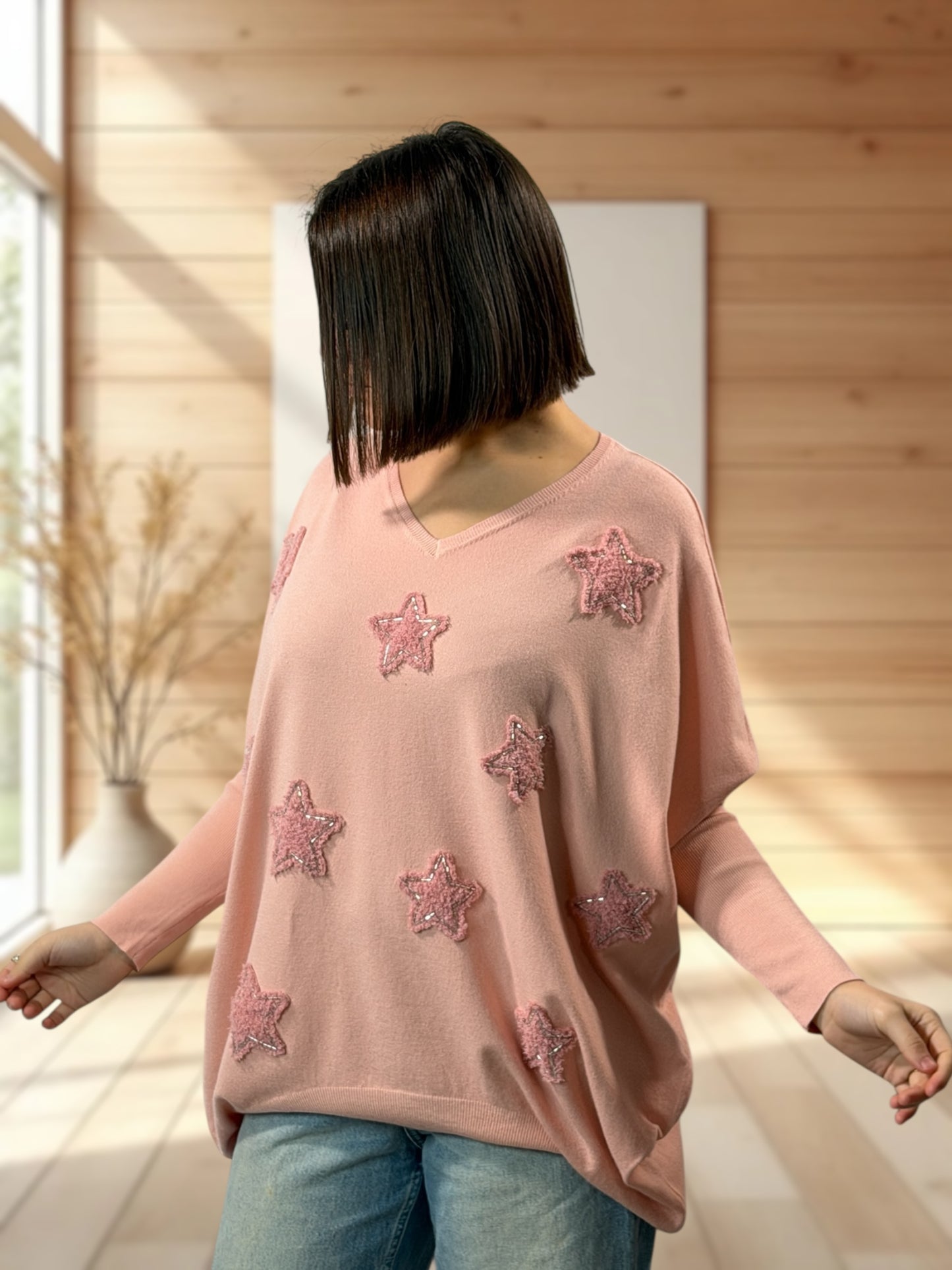 FLOCON - PULL ROSE ETOILE ET PERLE JUSQU'A LA TAILLE 52/54