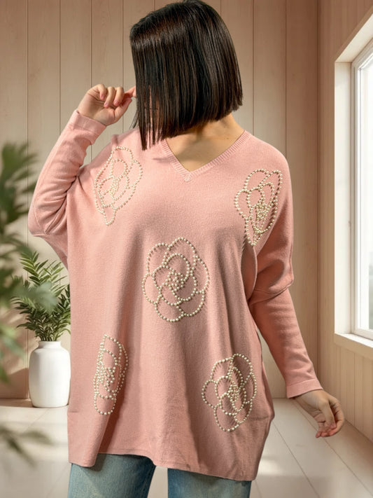 BIANCA - PULL OVERSIZE ROSE AVEC PERLE JUSQU'A LA TAILLE 54/56