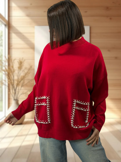 BERENICE - PULL ROUGE  AVEC PERLE JUSQU'A LA TAILLE 50/52