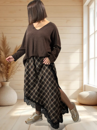 EDIMBOURG - JUPE ECOSSAISE MARRON AVEC DENTELLE JUSQU'A LA TAILLE 50/52