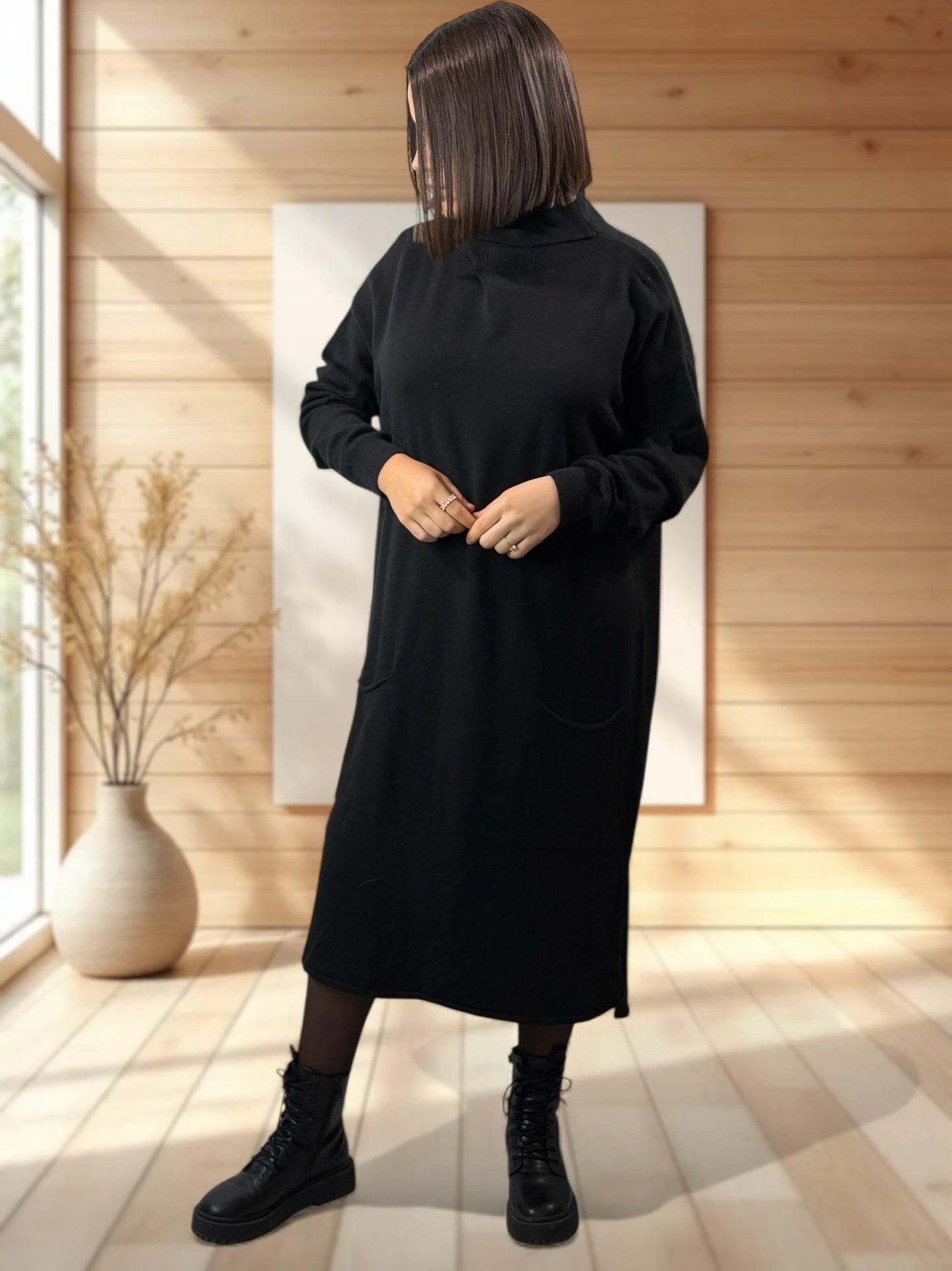 LEONIE - ROBE EN MAILLE NOIRE OVERSIZE JUSQU'A LA TAILLE 48/50