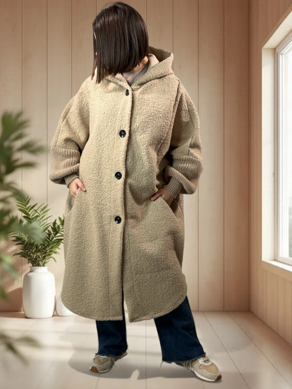 VIRGINIE - MANTEAU OVERSIZE BEIGE A CAPUCHE JUSQU'A LA TAILLE 54