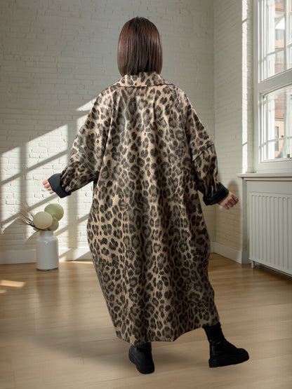 FRANCESCO - MANTEAU IMPERMEABLE OVERSIZE LEOPARD BEIGE JUSQU'A LA TAILLE 58
