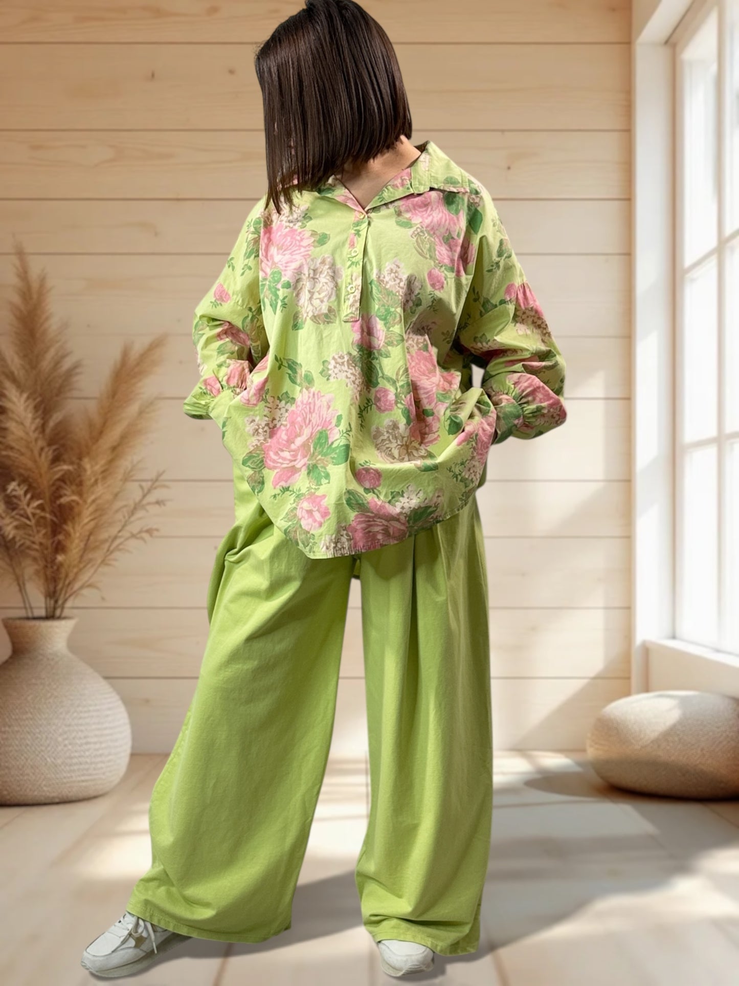 DONATA - PANTALON AMPLE EN COTON VERT TAILLE 46 A 52