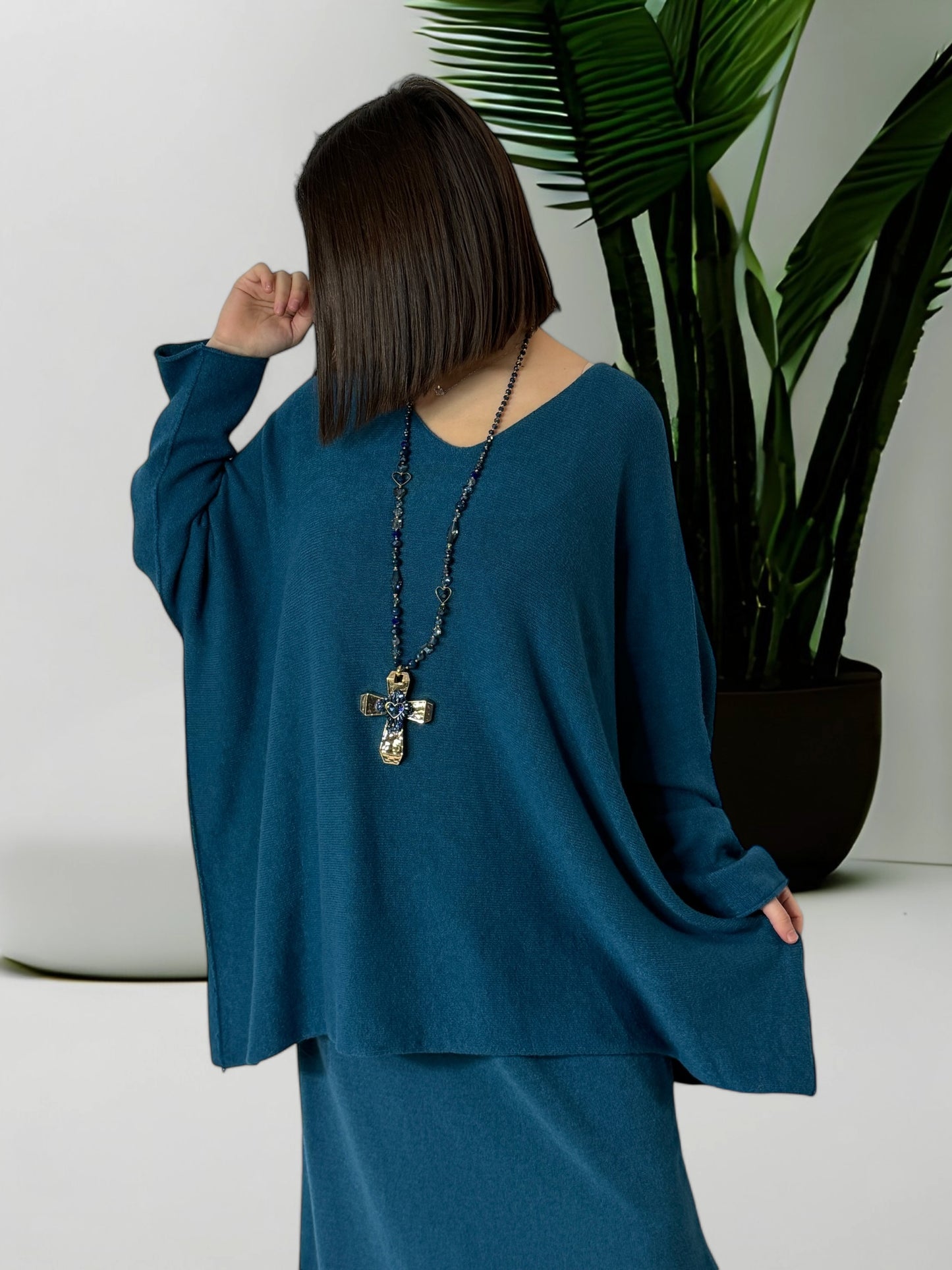 FAUSTINE - ENSEMBLE EN MAILLE BLEU CANARD JUSQU'A LA TAILLE 52/54