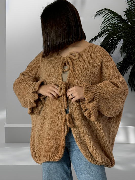 BERENGERE - GILET OVERSIZE CAMEL AVEC NOEUDS JUSQU'A LA TAILLE 52/54