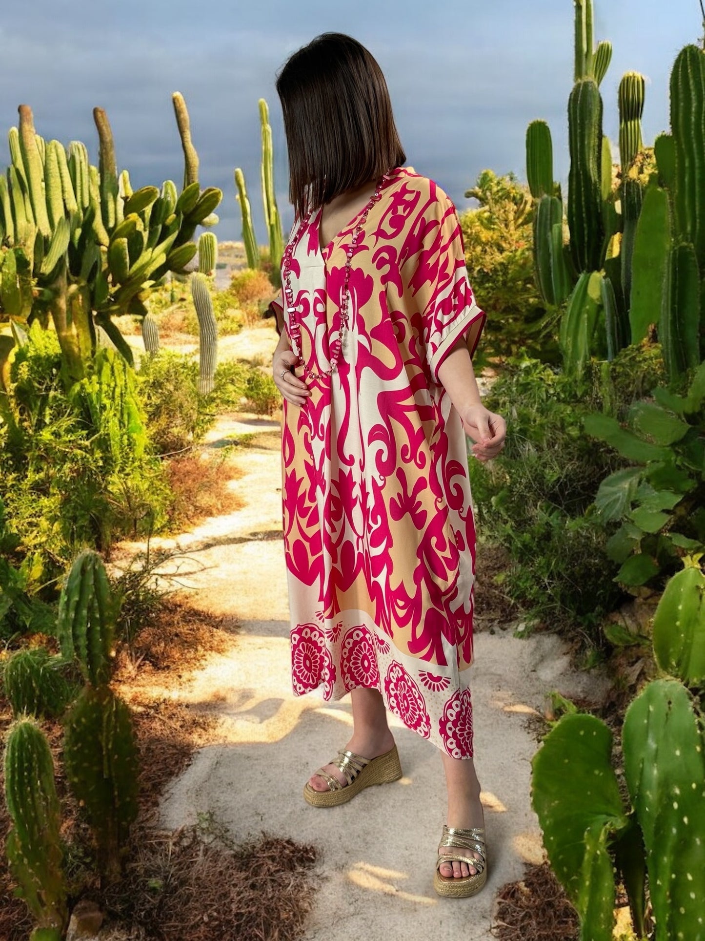 LALY - ROBE OVERSIZE MOTIF FUCHSIA JUSQU'A LA TAILLE 54