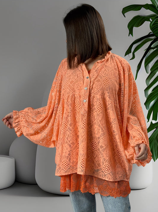 TESS - BLOUSE ORANGE EN DENTELLE OVERSIZE  JUSQU'A LA TAILLE 54