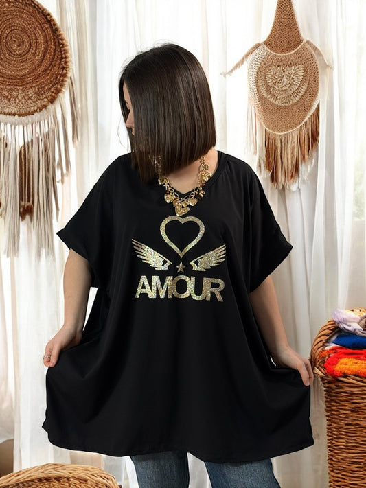 NINO - T-SHIRT NOIR MOTIF AMOUR JUSQU'A LA TAILLE 58