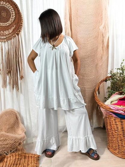 CANNES - ENSEMBLE TUNIQUE ET PANTALON  FLUIDE BLANC JUSQU'A LA TAILLE 52