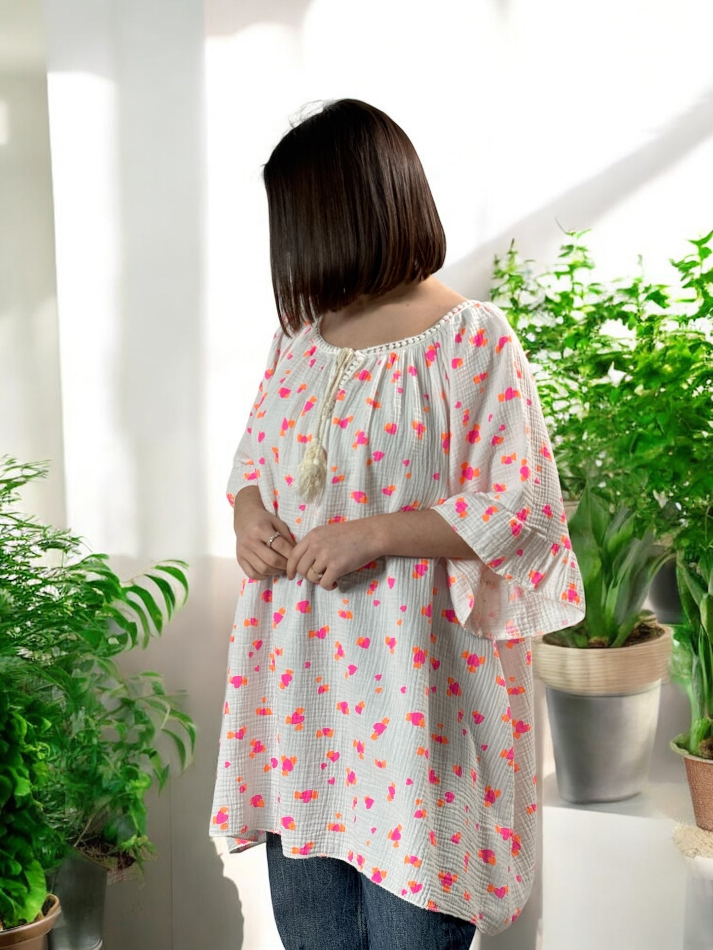 LUCIA - BLOUSE OVERSIZE COEUR FUCHSIA EN COTON JUSQU'A LA TAILLE 56